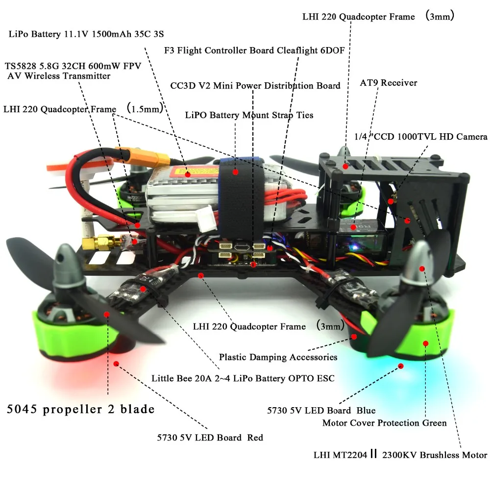 Drone With Camera QAV ZMR 220mm Pk Dji Phantom+ AT9 Radiolink 2.4G Remote Control 1000TVL TS5828 FPV 5.8G 32CH 600mW Quadcopter