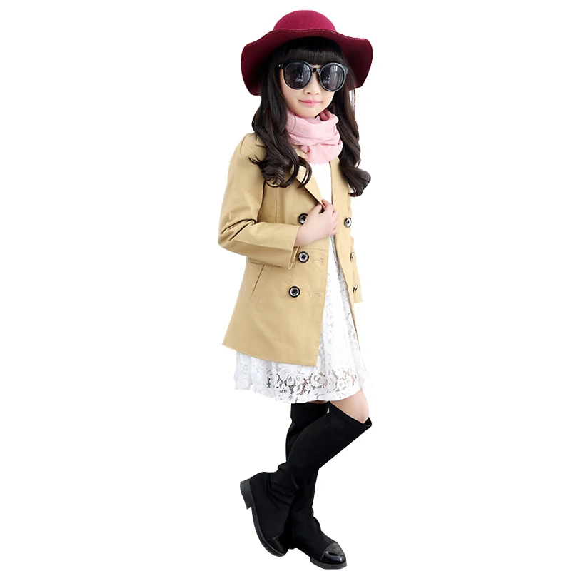 

Short Trench Coat Kids Long Sleeve Double Breasted Outerwear Retro Fashion Meisjes Jas V-Neck Jacket For Teenage Girls