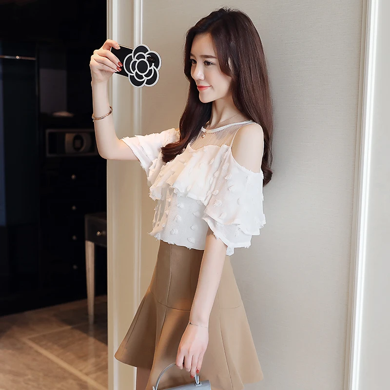 New Summer Fashion Solid Women Blouses Shirts O-Collar Lace Off Shoulder Wavy Ruffled Sleeve Chiffon Shirt Slim Top 0642 40