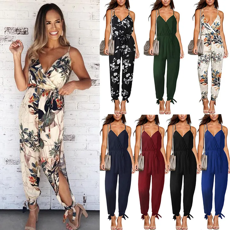 

Spring Summer 2019 Sexy Back Deep V-Tie Suspender Pure Cotton Long Couplet Trousers women jumpsuit streetwear rompers ONY003