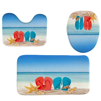 

4Pcs Home Bathroom Decor Set Seaside Shoes Pattern Toilet Seat Cover Bath Mat Set+Waterproof Shower Curtain