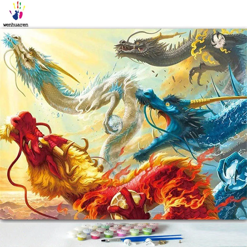 DIY картинки для раскраски по номерам с цветами картина с драконом Рисование Живопись по номерам в рамке дома