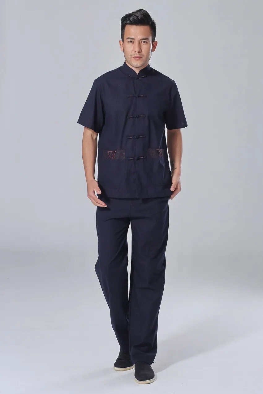 Hot Sale Navy Blue Vintage Chinese Men s Cotton Linen Shirt Pants Kung Fu font b