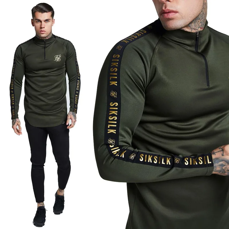 

New Fashion Men's Stretch Sik Silk T Shirt Solid Color army green high-elastic Zipper collar Long Sleeve Slim male CasualT-Shirt