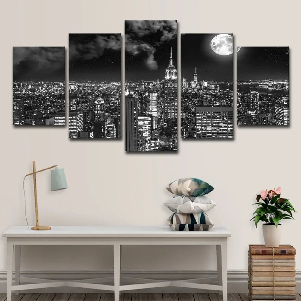 5P0175 Canvas Prints Poster Wall Art Pictures 5 Pieces Surreal City Night Brightly Moon Landscape Paintings Living Room Decor Framework  (14)