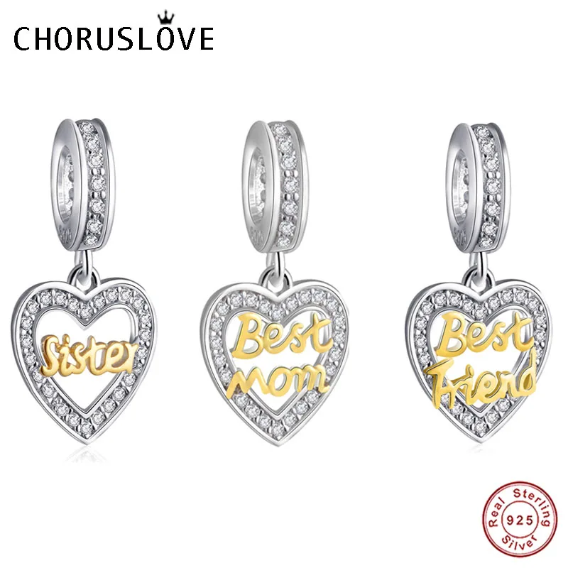 

Choruslove Love Heart Dangle Charm Sister Mom Bead 925 Sterling Silver Best Friend Beads fit Pandora Charms DIY Bracelet Jewelry