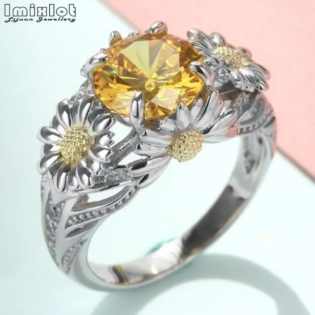 Imixlot Gold Sunflower CZ Birthday Stone Wedding Rings for