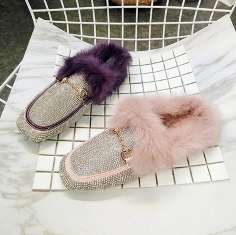 

European station autumn new rex rabbit fur shoes buckle rhinestone full drill outdoor slippers lazy shoes support bean bean shoe