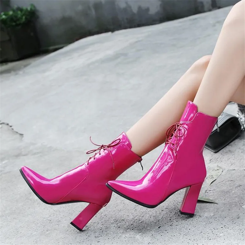 Brand Designers 2018 New Winter Women Shoes Black High Heels Riding Boots Lacing Platform Ankle Boots Chunky Heel Big Size 32-43 (7)