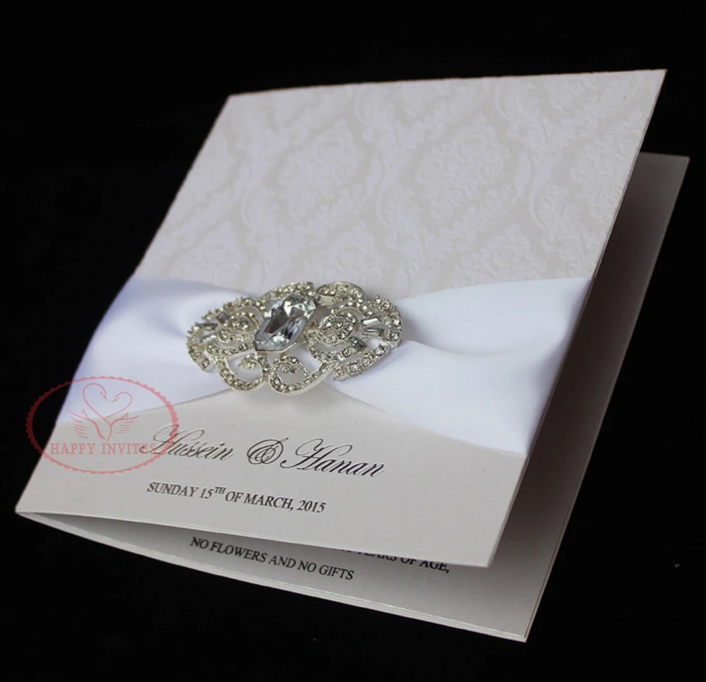 HI6023-03 Elegant White Flocking Invites with Ribbon and Brooch