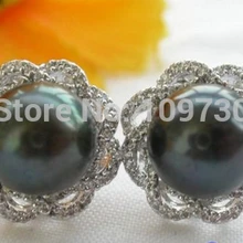 Ry00338 стиль AA++ 11 мм черный круглый жемчуг крепление 925 серебряные серьги