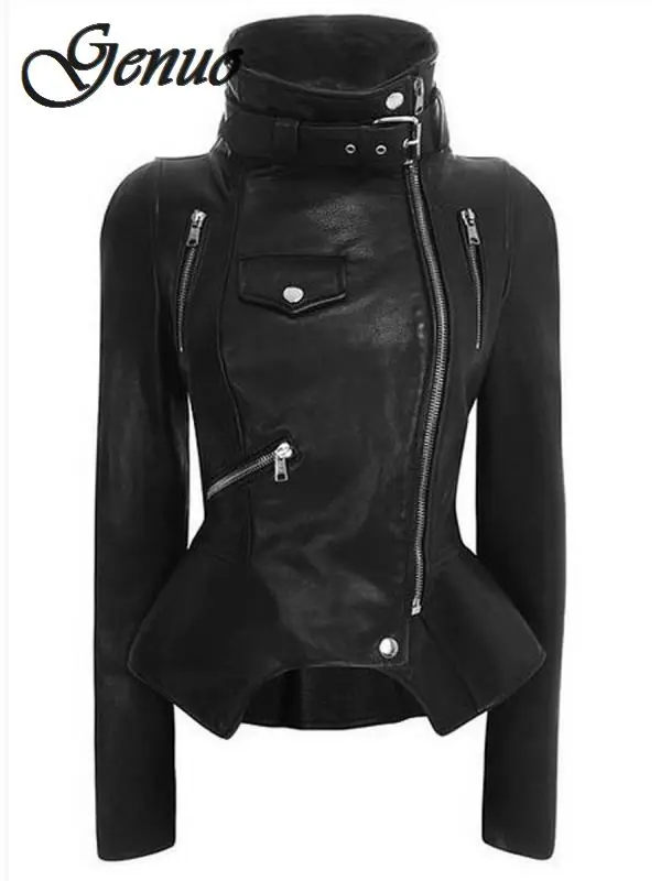Genuo Jackets Motorbike Woman Slim PU Leather Coats Steampunk Moto Streetwear Rock Style Metal Goth Jackets Genuine