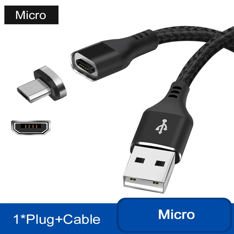 Магнитный кабель для быстрой зарядки 3 А, светодиодный usb-кабель для зарядки iPhone 7, 8 Plus, X, XS, Max, 6 S, 6 S, S8, S9, Micro USB type C, адаптер USBC - Цвет: Black For Micro