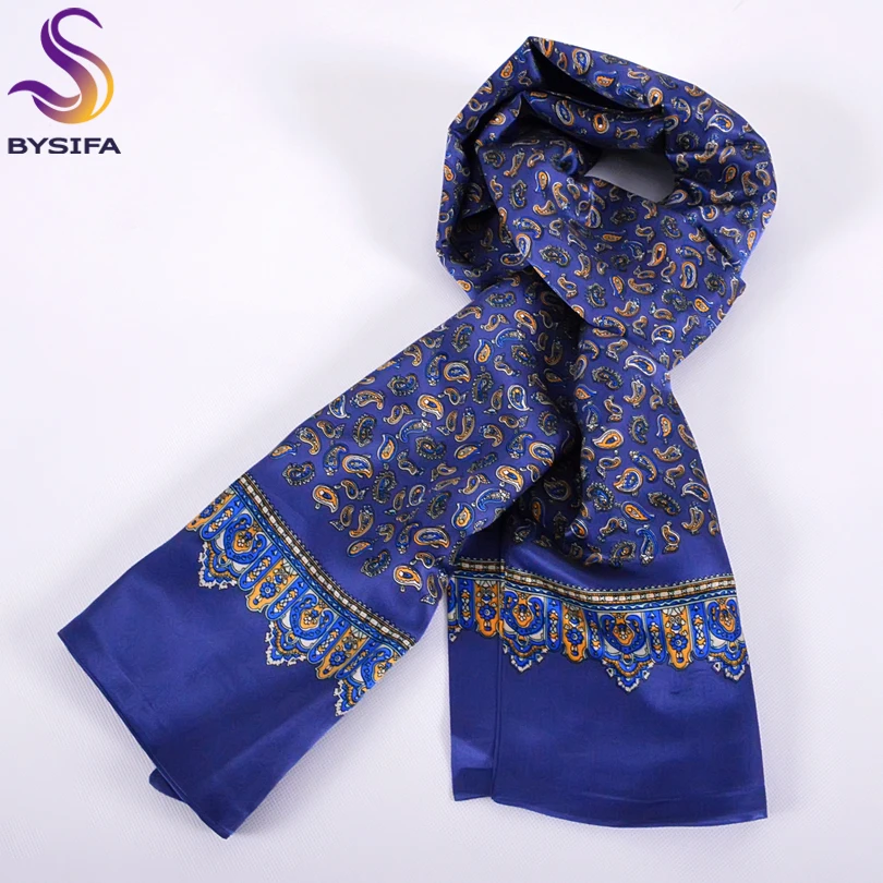 

[BYSIFA] 2016 Winter New Men Blue Long Scarves Printed Fashion Brand Apparel Accessories Male Pure Silk Scarves Printed