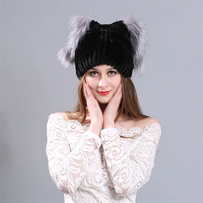 

Winter Fur Hat For women Real Rex Rabbit Fur Hats With Silver x Fur Floewr Knitted BeaFonies Caps New Women Fur Cap L#73