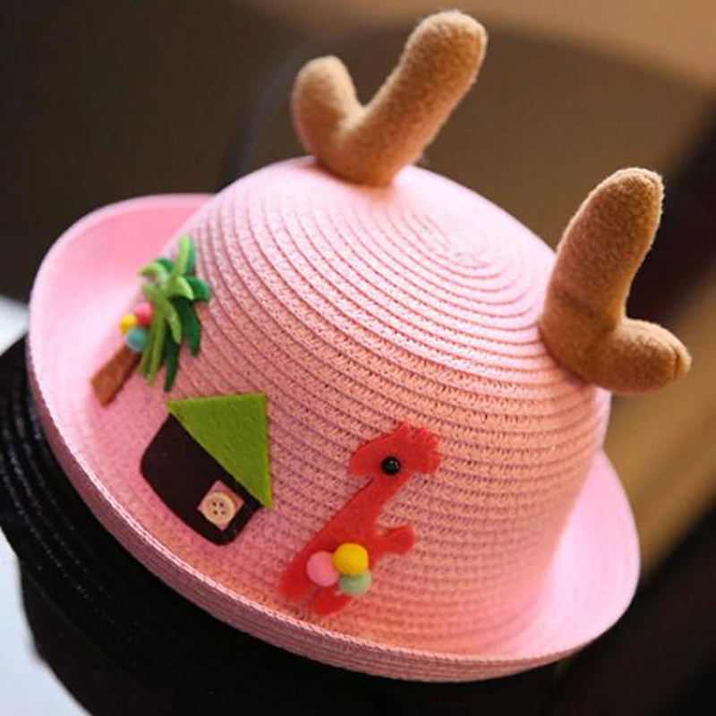 Kids Summer Straw Hat Cute Cartoon Pattern Antler Sunshade Solid Color Beach Hats Sun Protection Short Brim Children Travel Cap6