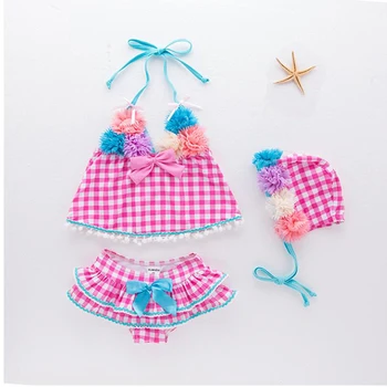 

3Dflower design girls bikini rose white plaid 3pcs sets girls swimwear kids bathing suit princess pretty beach wear summer