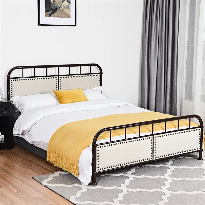  Queen size Metal Bed Frame Platform Bed Upholstered Panel Headboard Footboard Bedroom Furniture HW5 - 33055603671