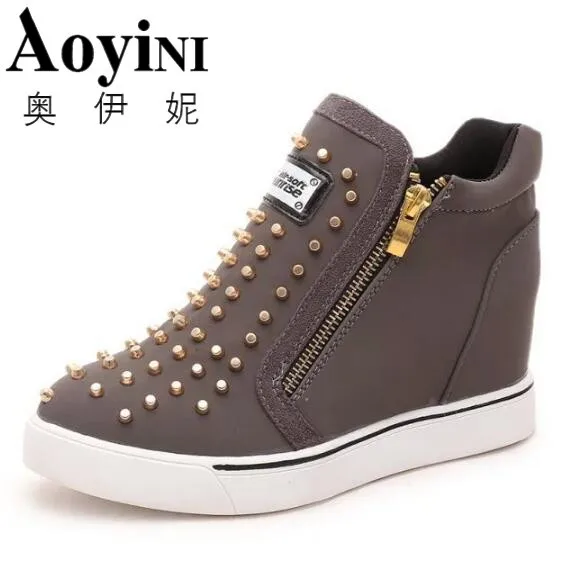 

2018 Women Rivet Ankle Boots Height Increasing Winter Shoes Autumn Platform Wedge Heel Boots Flat Shoes For Woman Zipper Botas