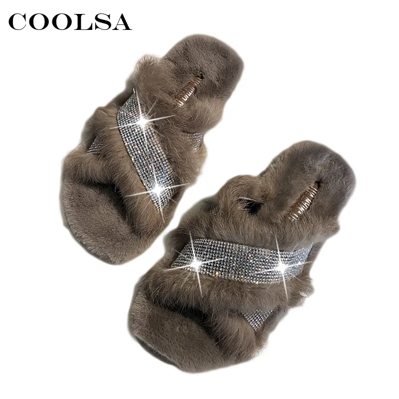 

Coolsa Women Cross Rabbit Hair Slippers Rhinestone Fluffy Fur Slide Flat Indoor Plush Slippers Warm Winter Luxury Crystal Shoes