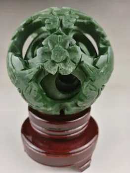 

Chinese old green jade carved fengshui dragon ball magic with wood base Exquisite jade ball