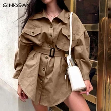 SINRGAN Women Autumn Coffee Color Belt Burke Shirt Dress England Moto Biker Streetwear Turn-down Collar Batwing Sleeve Jacket