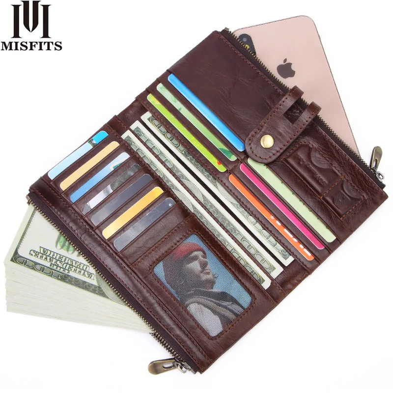 

MISFITS new vintage men long wallet genuine leather male purse clutch wallet for phone high quality card holder zipper money bag