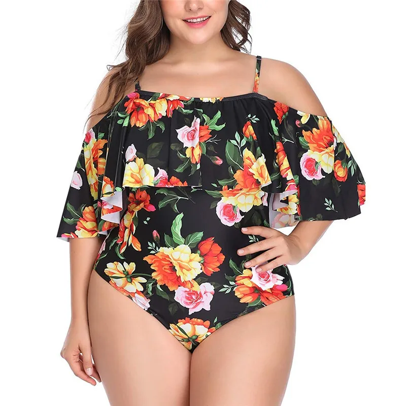 

Bikini 2019 Swimwear Women Plus Size Tankini Ruffle Flounce Off Shoulder Swimwear High Waist Printed One Piece Swimsuits