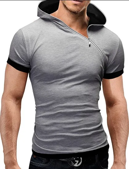 POHOK Men T Shirt Zipper Fashion Men Summer Muscle Solid Short Sleeve O-Neck Top Tee T-Shirt
