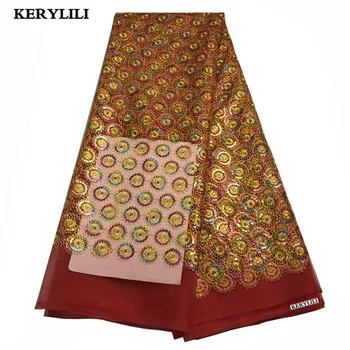 

5 Yards Red&Orange Sequin Nigerian Lace Fabric Swiss Voile Lace African Tulle Net Paillette Party Clothes Sewing Sacrf KRL-42597