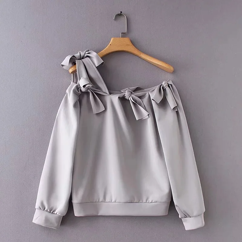

2019 Europe & The United States Style Spring New Arrival Slim Bow Knots Decorative Off Shoulder Sweatshirt Women Free Shipping