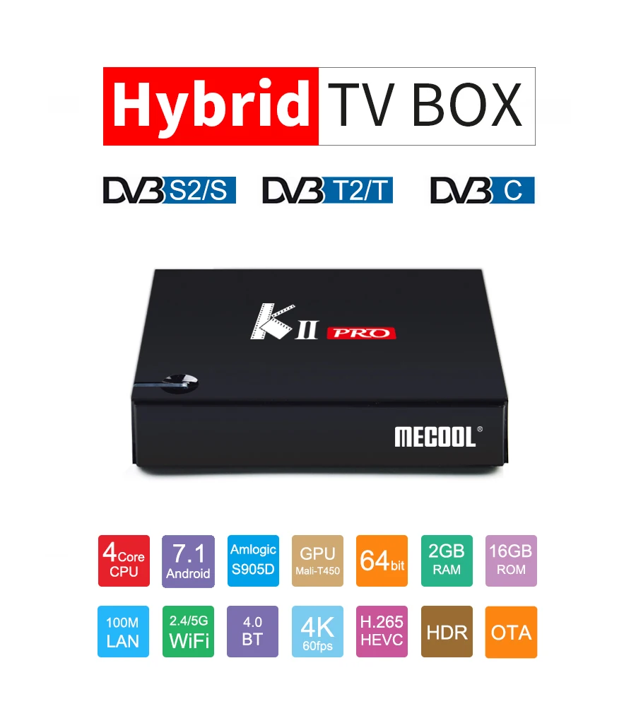 MECOOL KII PRO DVB-S2 DVB-T2 Android tv Box 4K S905d четырехъядерный процессор 2 ГБ 16 ГБ Android 7,1 Smart tv Box 2,4G/5G WiFi медиаплеер