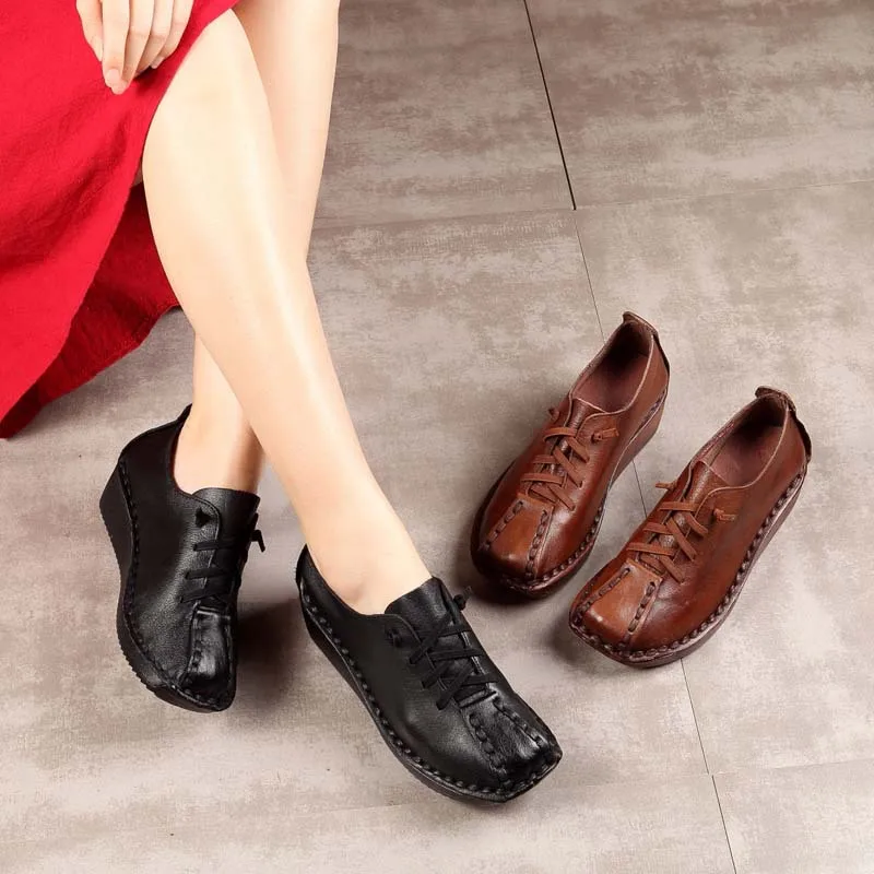

Women Casual Leather Shoes 4 Cm Low Heels Autumn Lady Pumps Chunky Heels Wedge Shoes Lace Up Handmade Genuine Leather Pump Soft