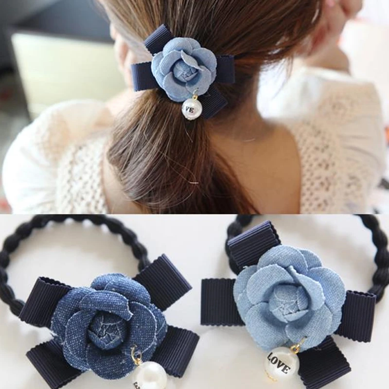 New Fashion Blue Flower Elastic Hair Ties Women Girls Hairband