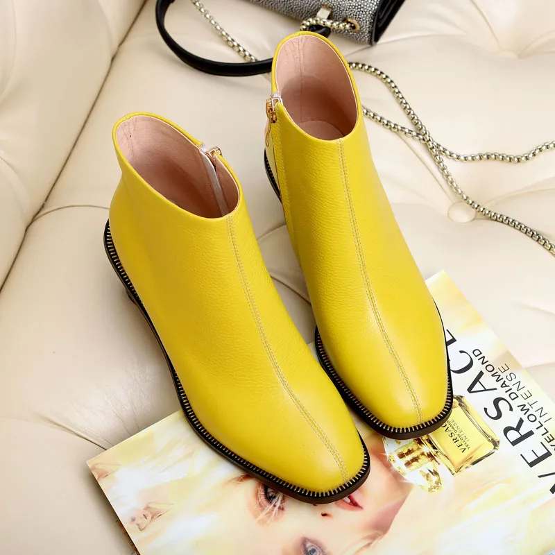 ZVQ/ботильоны из телячьей кожи; модные пикантные женские ботильоны с квадратным носком; цвет желтый, черный, бежевый; зимняя женская обувь на среднем каблуке 5,5 см на молнии