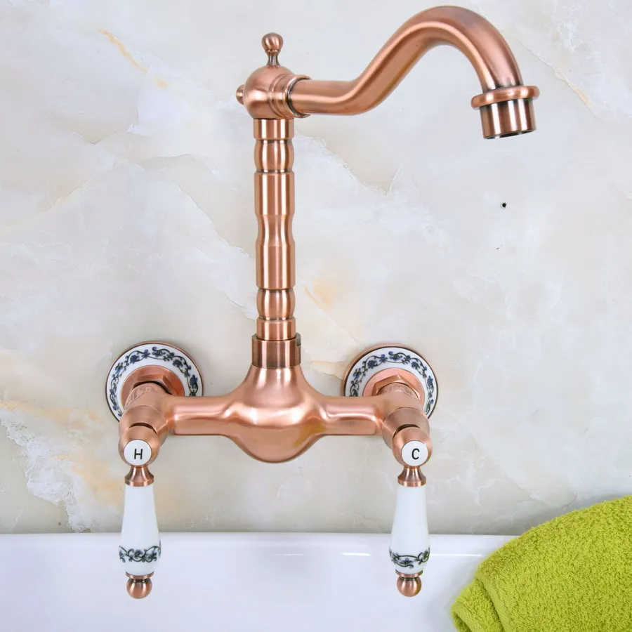 Antique Red Copper Brass Wall Mounted Bathroom Kitchen Sink Faucet Swivel Spout Mixer Tap Dual Ceramics Handles Levers anf954
