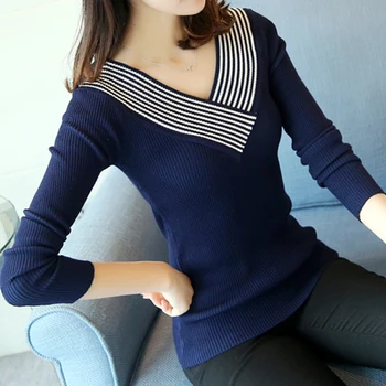 

Chompas de mujer para el invierno Autumn Winter Women Sweaters and Pullovers V Neck Long Sleeve Knitted Striped Pull femme