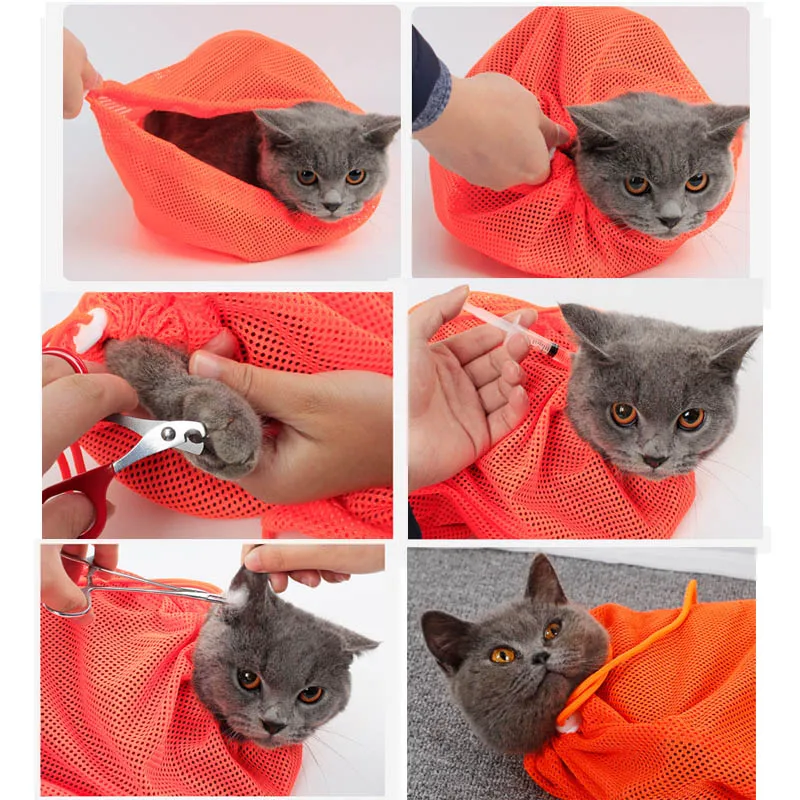 Mesh Cat Bath Bag Adjustable Cat Washing Bags Pet Bathing Nail Trimming Injecting Anti Scratch Bite Restraint Cat Grooming Bag