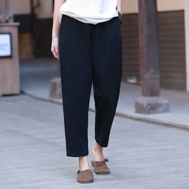 

Johnature 2019 New Style Elastic Waist Trouser Cotton Linen Women Pants Spring Summer Solid Casual Ankle Length Female Pants