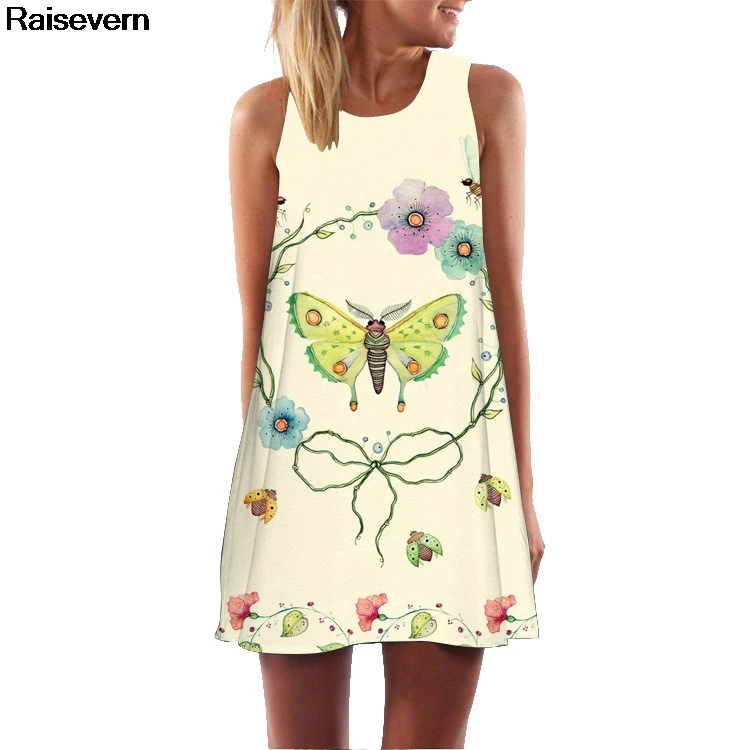 Butterfly Floral Dress 2018 Sexy Sleeveless O Neck A Line Summer Beach