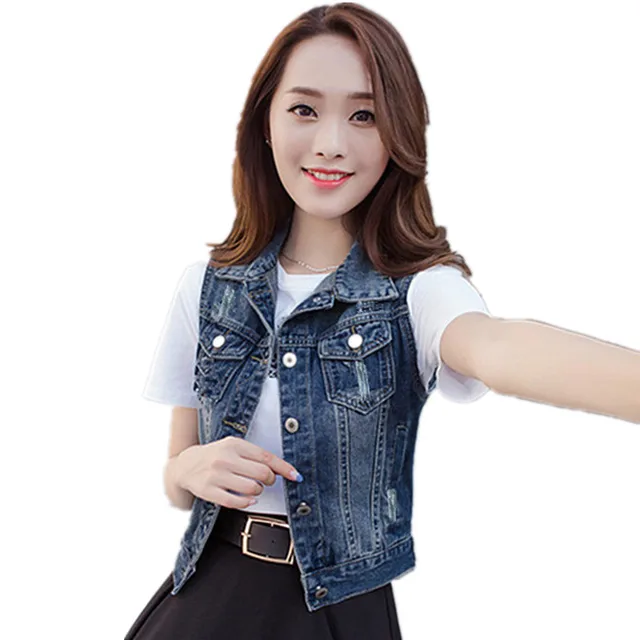 plus size slim short womens denim vest fashion hole sleeveless coat womens plus size denim vest
