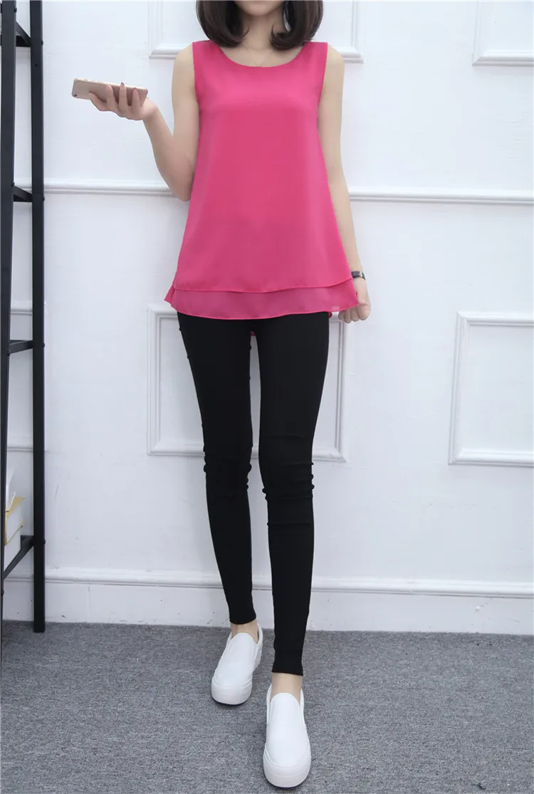 New Solid color Women Long Chiffon shirt summer Casual Top plus size S-6XL Loose sleeveless Blouse Double chiffon Blouses