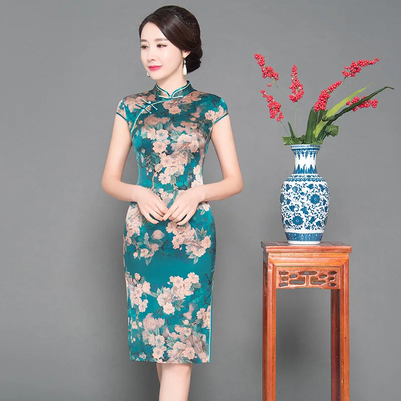 

Summer New Green Lady Silk Slim Cheongsam Short Print Elegant Chinese Dress Sexy Mandarin Collar Qipao Vestidos Oversized S-3XL