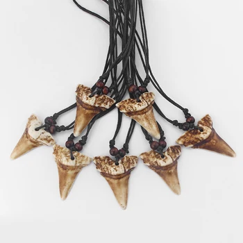 

Wholesales 6Pcs Faux Yak Bone Brown Shark Tooth Teeth Pendant Necklace Adjustable Surfer Jewellery