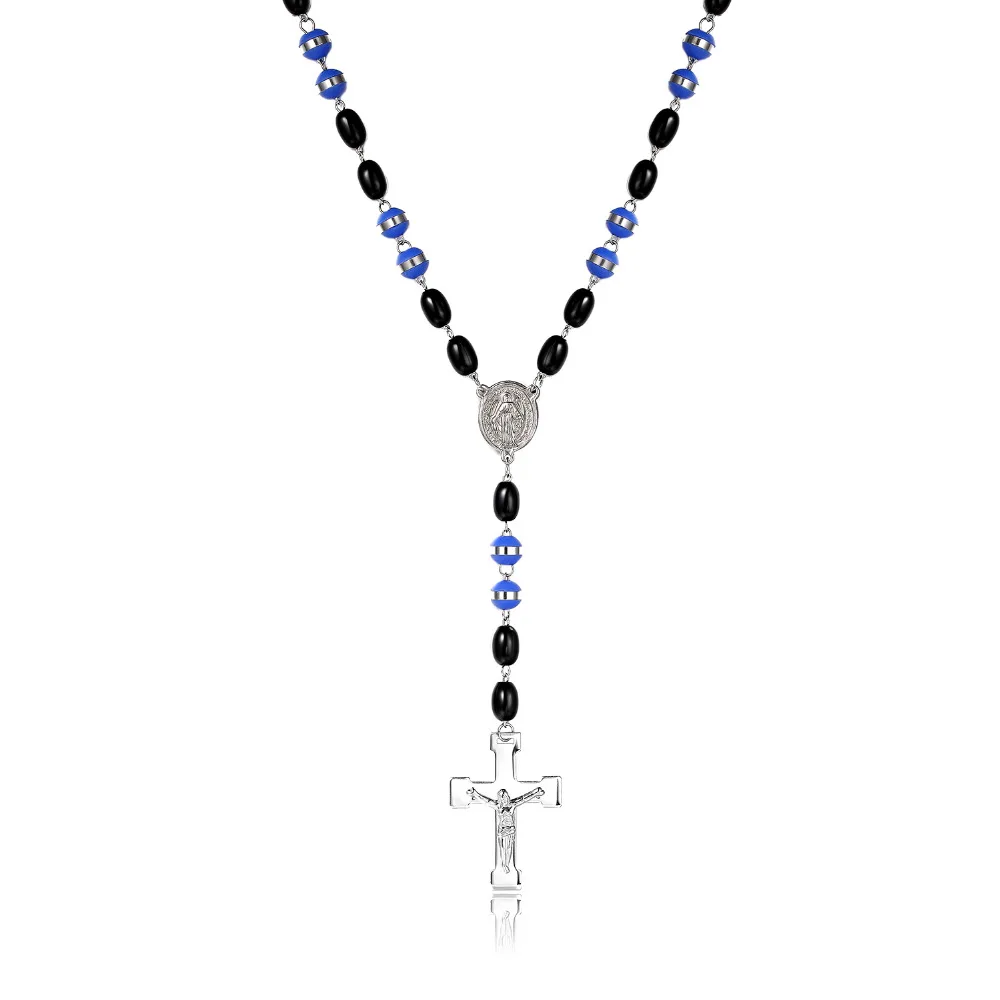 Accessories Long Necklace Jewelry Titanium Steel Black Blue Bead Necklace Cross Pendant Necklace For Men And Women
