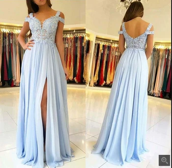 

2019 free shipping light blue chiffon a line off the shoulder evening dress sweetheart neck with slit beaded evening gowns