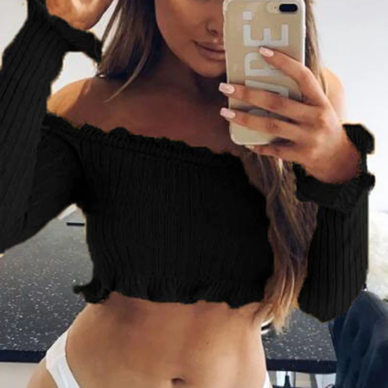New Women's Ladies Off Shoulder Frill Bardot Jumper Ribbed Long Sleeve Crop Tops