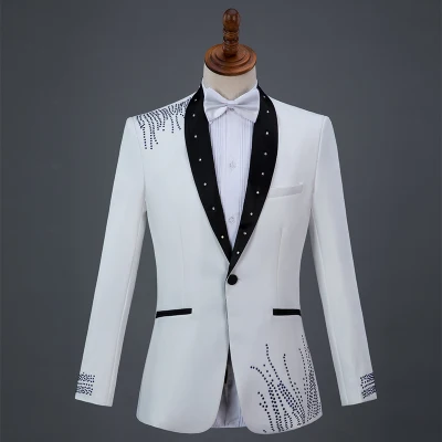 

100%real mens black/white rhinestone beading performance jacket/party/dance/sing/bar/reception/stage performance/jacket &pants
