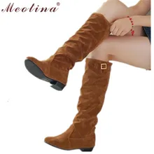 Meotina Femmes Bottes Genou Haute Bottes Bas Talons De Mode Bottes Chaussures Bout rond Chunky Talons Pas Cher Grande Taille 44 10 11 Noir