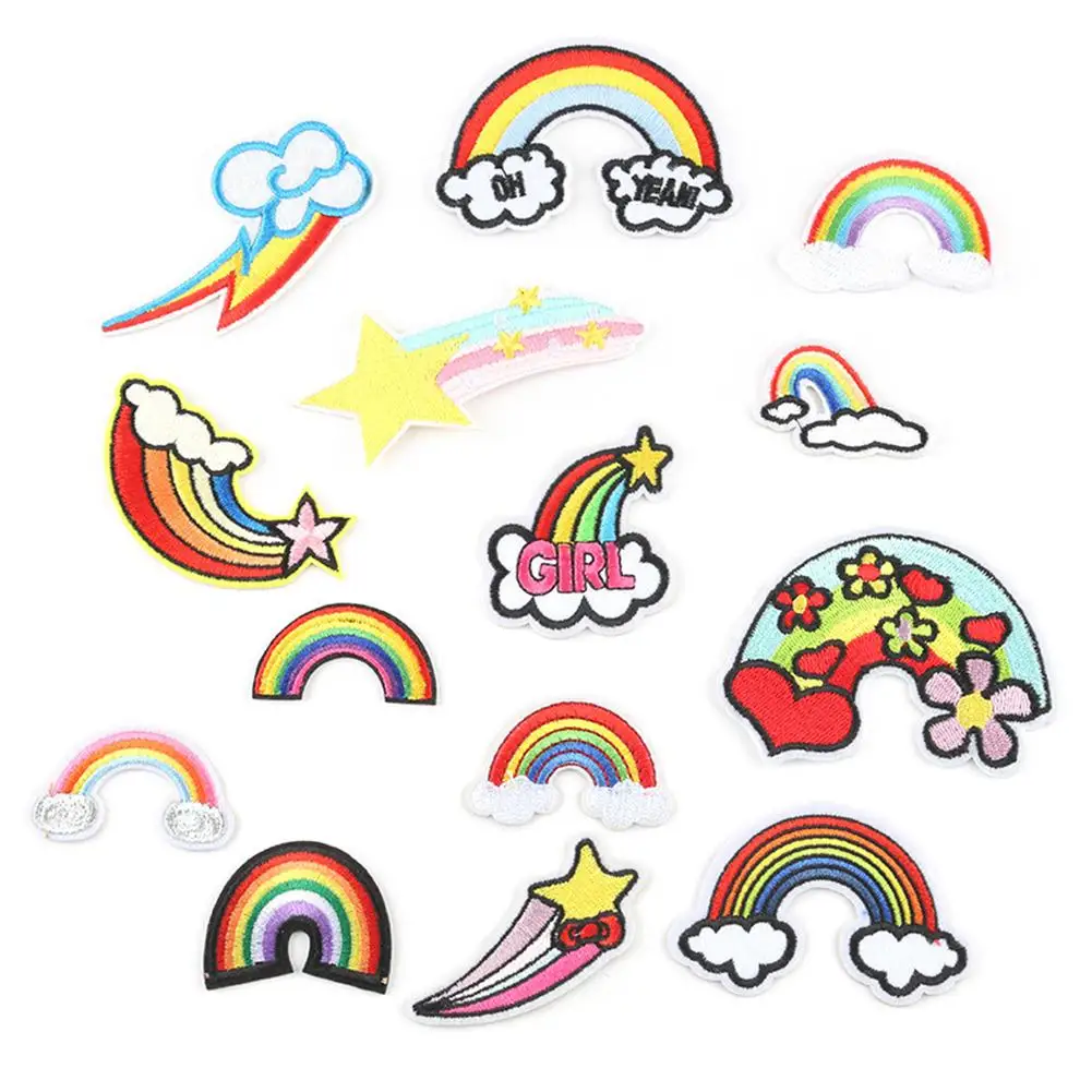 

14pcs/set Rainbow Iron-On Embroidery Patches for Clothes DIY Stripe Heart Clothing Appliqued Stickers Patch For Girl's Clothing Stitch